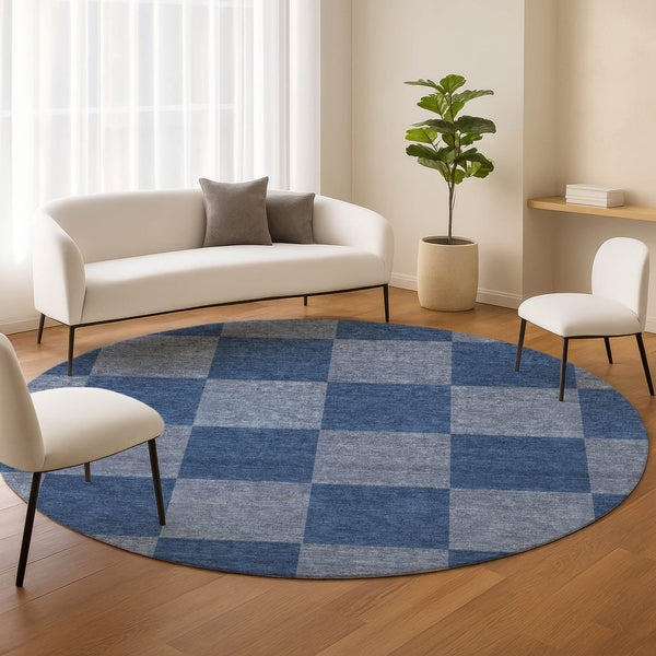 HomeRoots 8' Blue and Gray Round Rug - Stylish Geometric Design for Indoor/Outdoor Use, Machine Washable & Durable 660669