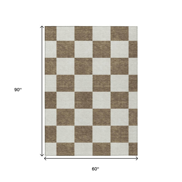 HomeRoots 5' Chocolate & Ivory Geometric Indoor Outdoor Rug – Stylish, Washable & Durable for High-Traffic Areas 660674