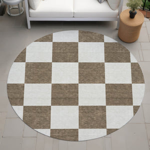 HomeRoots 8' Chocolate and Ivory Round Geometric Washable Rug – Durable, Stylish, Indoors or Outdoors, Easy Care! 660675