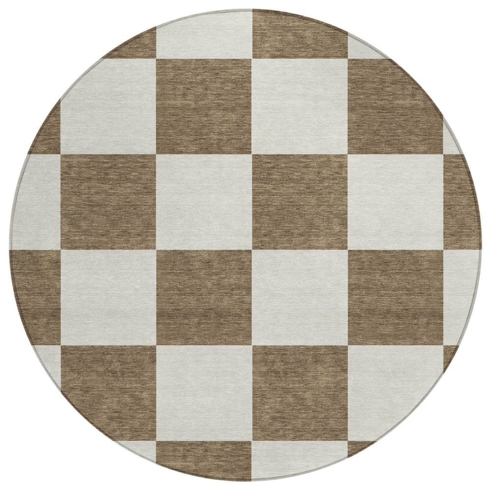 HomeRoots 8' Chocolate and Ivory Round Geometric Washable Rug – Durable, Stylish, Indoors or Outdoors, Easy Care! 660675