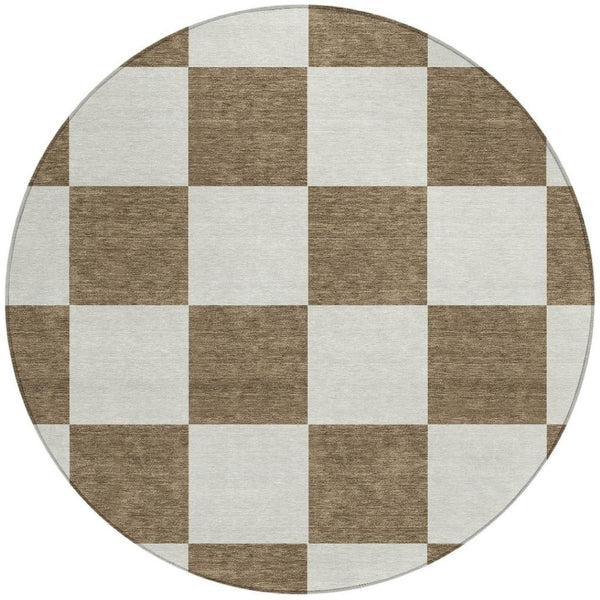HomeRoots 8' Chocolate and Ivory Round Geometric Washable Rug – Durable, Stylish, Indoors or Outdoors, Easy Care! 660675