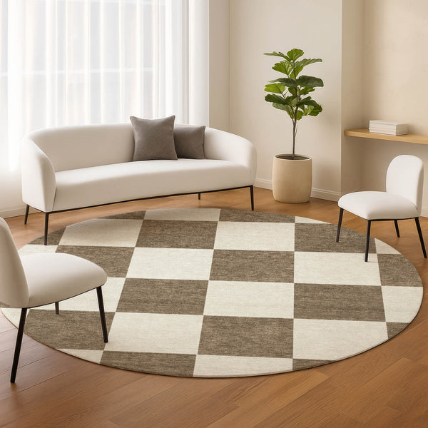 HomeRoots 8' Chocolate and Ivory Round Geometric Washable Rug – Durable, Stylish, Indoors or Outdoors, Easy Care! 660675