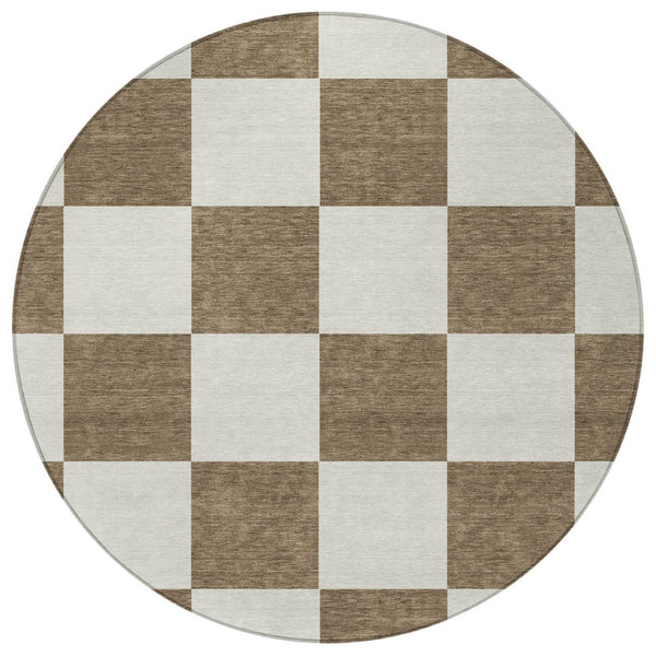 HomeRoots 8' Chocolate and Ivory Round Geometric Washable Rug – Durable, Stylish, Indoors or Outdoors, Easy Care! 660675