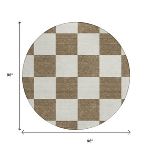 HomeRoots 8' Chocolate and Ivory Round Geometric Washable Rug – Durable, Stylish, Indoors or Outdoors, Easy Care! 660675