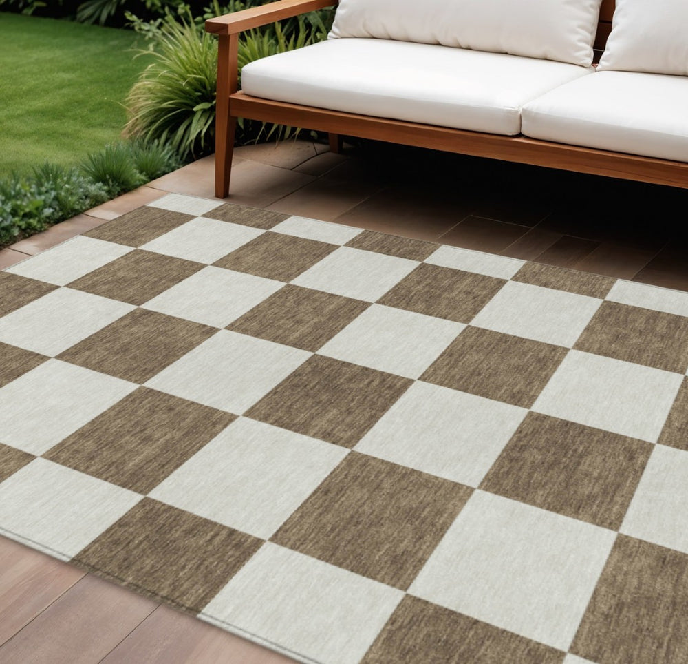 HomeRoots 10' X 14' Durable Chocolate & Ivory Geometric Area Rug - Stylish, Washable for Indoor & Outdoor Use 660678