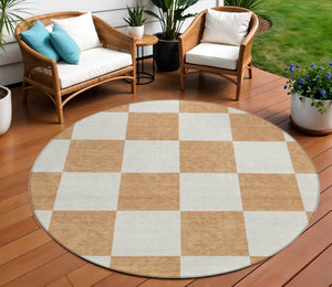 HomeRoots 8' Copper and Ivory Round Geometric Rug - Stylish, Washable Design for Indoor/Outdoor Spaces! 660681