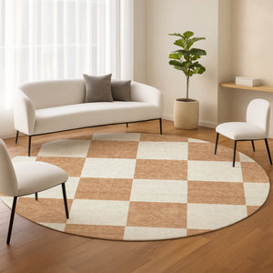HomeRoots 8' Copper and Ivory Round Geometric Rug - Stylish, Washable Design for Indoor/Outdoor Spaces! 660681