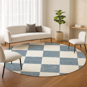HomeRoots 8' Denim Blue & Ivory Round Geometric Rug - Stylish, Durable, Washable for Indoor & Outdoor Use! 660687