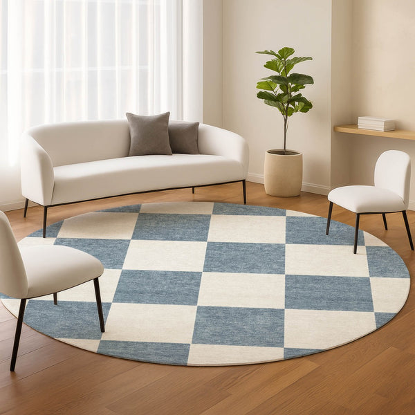 HomeRoots 8' Denim Blue & Ivory Round Geometric Rug - Stylish, Durable, Washable for Indoor & Outdoor Use! 660687
