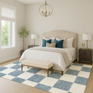 HomeRoots 9' Indoor/Outdoor Washable Area Rug in Denim Blue & Ivory - Durable Geometric Design for Any Space 660689