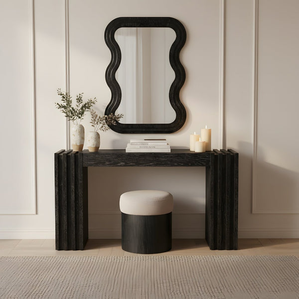 Meridian Furniture Bellagio Art Deco Sculptural Oak Veneer Wall Mirror with Curved Frame for Modern Interiors Black 66068Black-M