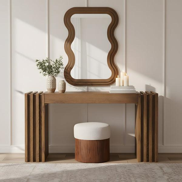 Meridian Furniture Bellagio Art Deco Sculptural Oak Veneer Wall Mirror with Curved Frame for Modern Interiors Brown 66068Brown-M