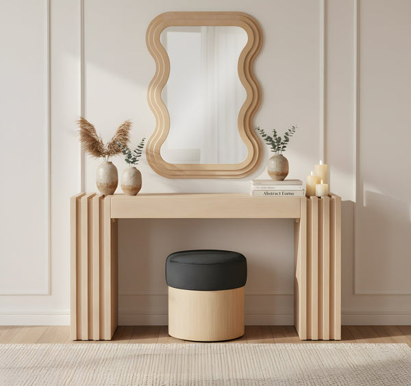 Meridian Furniture Bellagio Art Deco Sculptural Oak Veneer Wall Mirror with Curved Frame for Modern Interiors Natural 66068Oak-M