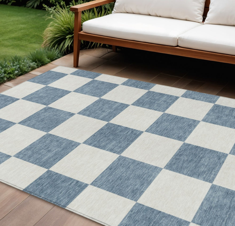 HomeRoots 10' Modern Denim Blue and Ivory Geometric Area Rug – Washable, Stain-Resistant for Indoor/Outdoor Use 660690