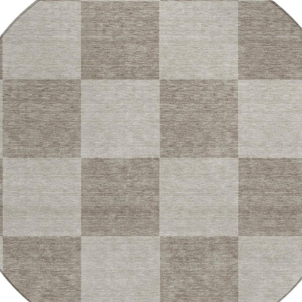 HomeRoots 8' Stylish Khaki & Taupe Round Geometric Washable Area Rug for Indoor & Outdoor Durability 660705