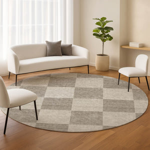 HomeRoots 8' Stylish Khaki & Taupe Round Geometric Washable Area Rug for Indoor & Outdoor Durability 660705