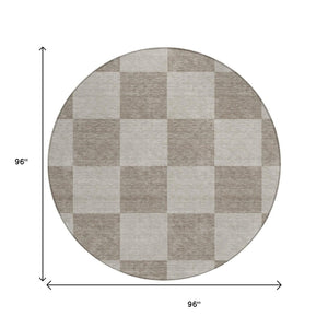 HomeRoots 8' Stylish Khaki & Taupe Round Geometric Washable Area Rug for Indoor & Outdoor Durability 660705