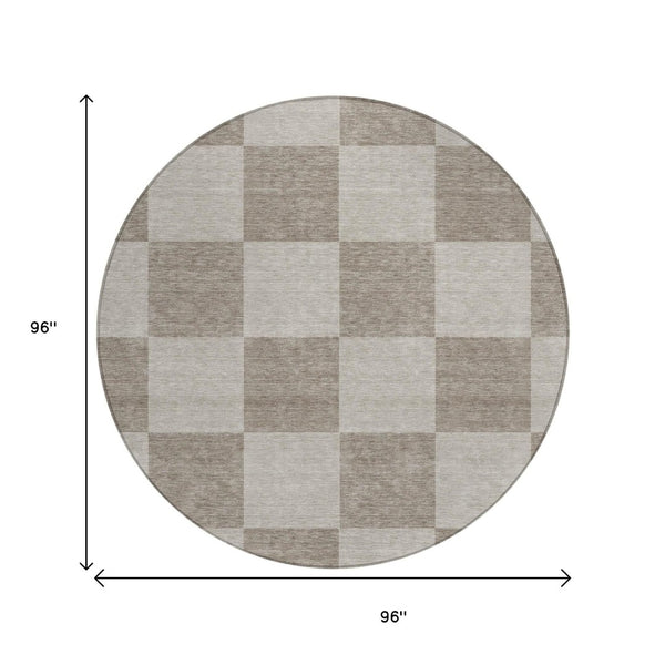 HomeRoots 8' Stylish Khaki & Taupe Round Geometric Washable Area Rug for Indoor & Outdoor Durability 660705
