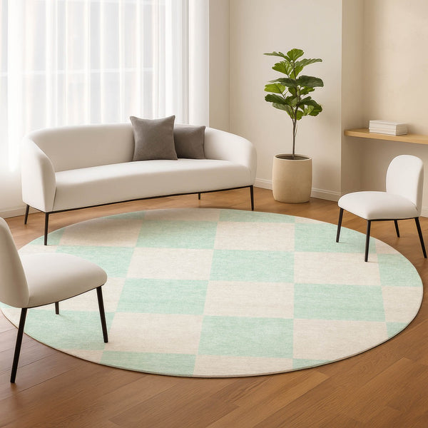 HomeRoots 8' Mint Green Round Geometric Area Rug - Durable, Washable Design for Indoor & Outdoor Spaces! 660717