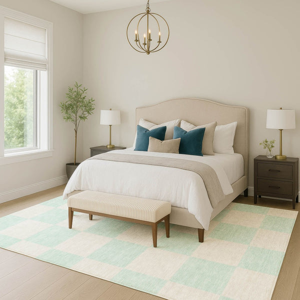 HomeRoots 9' X 12' Stylish Mint Green & Ivory Geometric Area Rug - Washable, Durable, Indoor/Outdoor Use! 660719