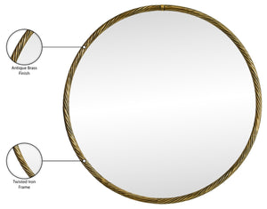 Meridian Furniture Avara Handcrafted Twisted Iron Round Mirror with Antique Brass Finish for Entryway 66071Gold-M24