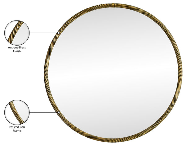 Meridian Furniture Avara Handcrafted Twisted Iron Round Mirror with Antique Brass Finish for Entryway 66071Gold-M24