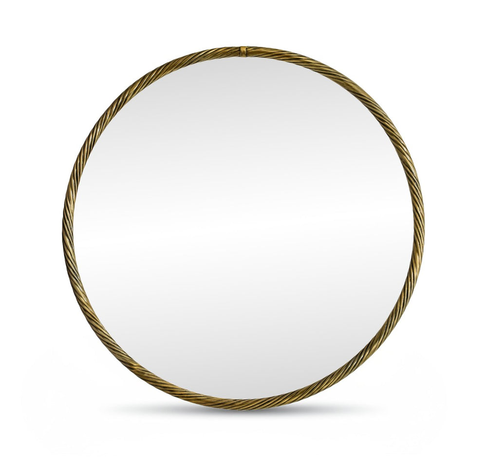 Meridian Furniture Avara Handcrafted Twisted Iron Round Mirror with Antique Brass Finish for Entryway 66071Gold-M24