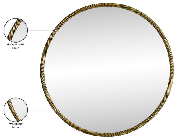 Meridian Furniture Avara Sculptural Round Wall Mirror Twisted Iron Antique Brass Finish 36 Inch 66071Gold-M36