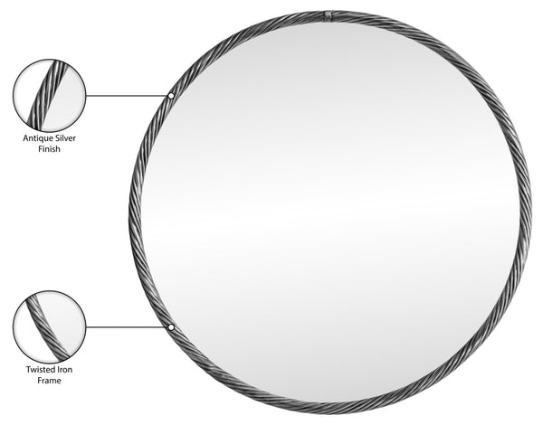 Meridian Furniture Avara Twisted Iron Round Wall Mirror with Antique Silver Finish for Living Rooms 66071Silver-M24