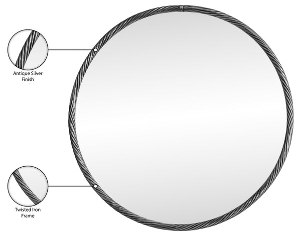 Meridian Furniture Avara Round Wall Mirror Twisted Iron Frame Antique Silver Finish Entryway Decor 66071Silver-M30
