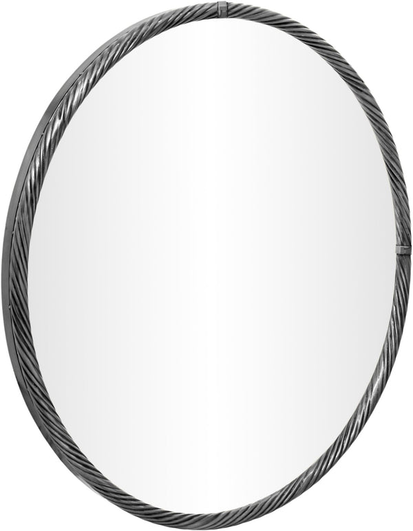 Meridian Furniture Avara Round Wall Mirror Twisted Iron Frame Antique Silver Finish Entryway Decor 66071Silver-M30