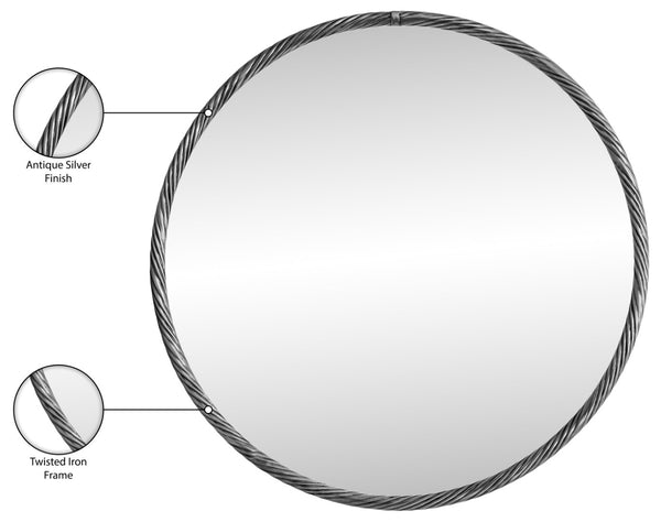 Meridian Furniture Avara Round Iron Wall Mirror with Twisted Frame Antique Silver Finish Sculptural Decor 66071Silver-M36