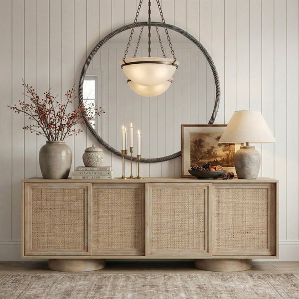 Meridian Furniture Avara Round Iron Wall Mirror with Twisted Frame Antique Silver Finish Sculptural Decor 66071Silver-M36