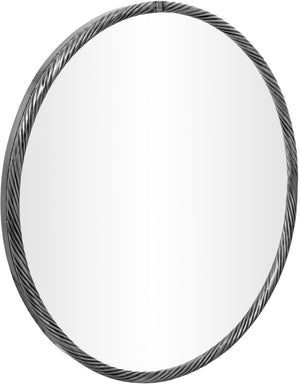 Meridian Furniture Avara Round Iron Wall Mirror with Twisted Frame Antique Silver Finish Sculptural Decor 66071Silver-M36