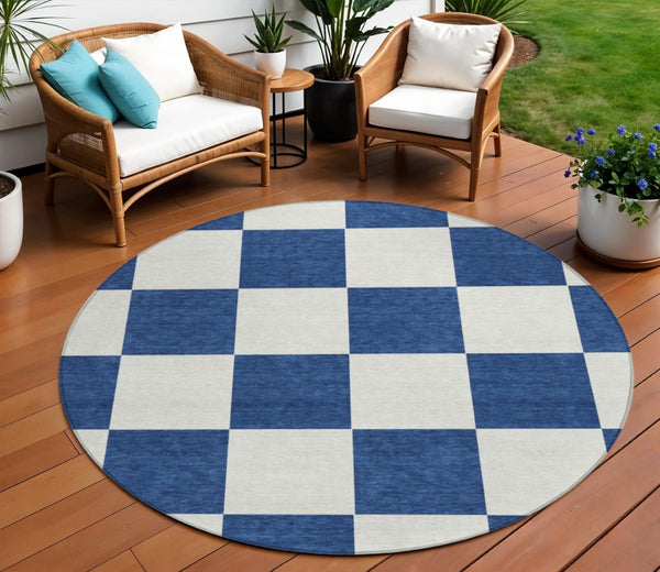 HomeRoots 8' Navy Blue Geometric Round Area Rug – Washable, Stain-Resistant, Indoor/Outdoor, Modern Style 660723