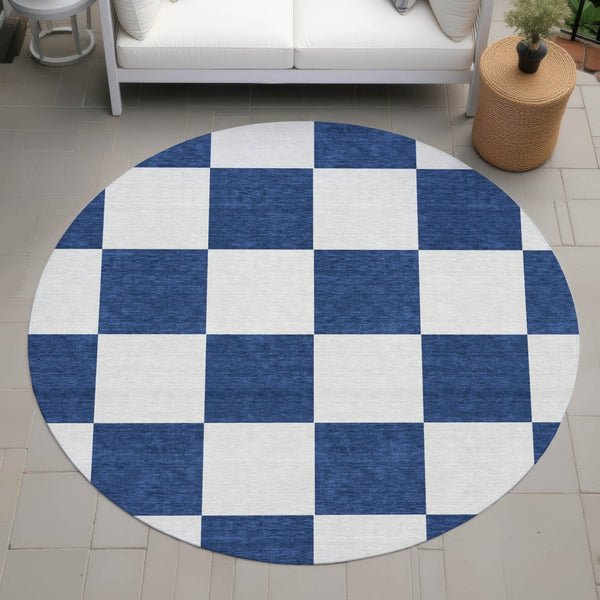 HomeRoots 8' Navy Blue Geometric Round Area Rug – Washable, Stain-Resistant, Indoor/Outdoor, Modern Style 660723