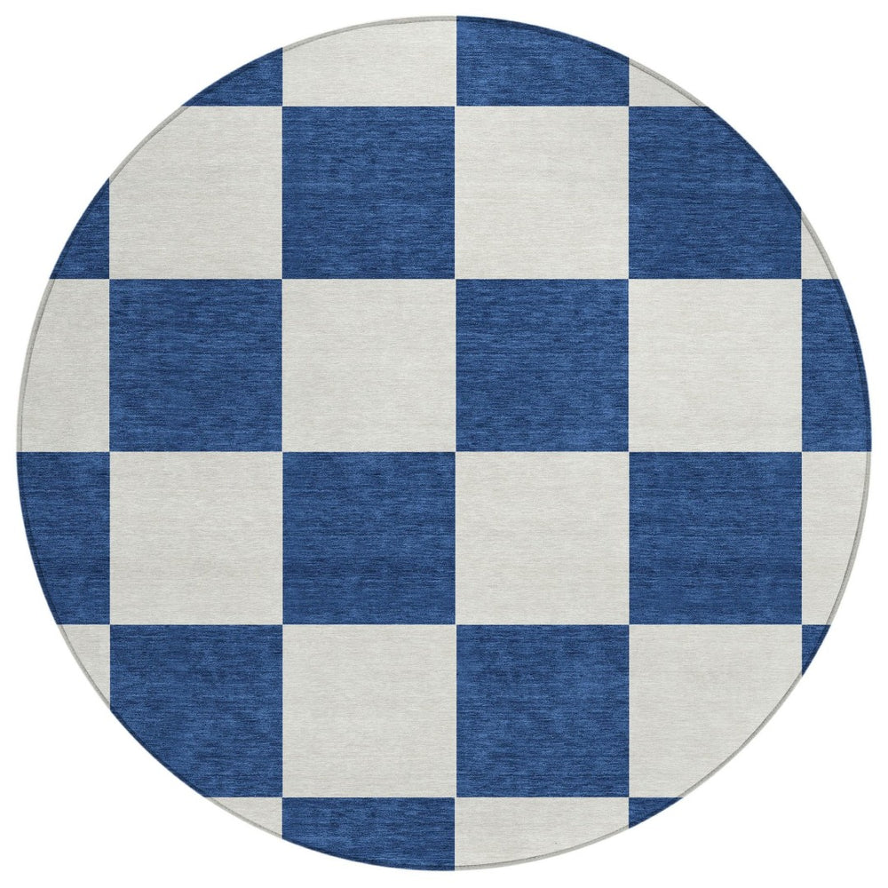 HomeRoots 8' Navy Blue Geometric Round Area Rug – Washable, Stain-Resistant, Indoor/Outdoor, Modern Style 660723