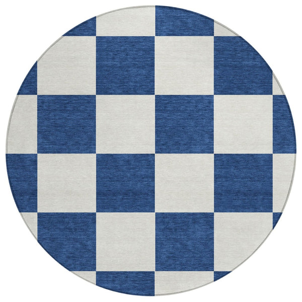 HomeRoots 8' Navy Blue Geometric Round Area Rug – Washable, Stain-Resistant, Indoor/Outdoor, Modern Style 660723