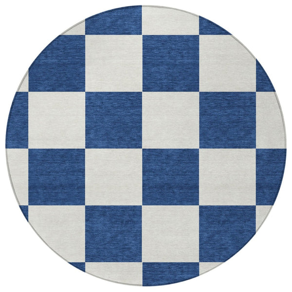 HomeRoots 8' Navy Blue Geometric Round Area Rug – Washable, Stain-Resistant, Indoor/Outdoor, Modern Style 660723