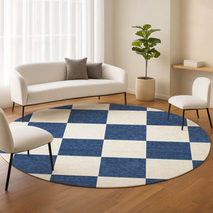 HomeRoots 8' Navy Blue Geometric Round Area Rug – Washable, Stain-Resistant, Indoor/Outdoor, Modern Style 660723