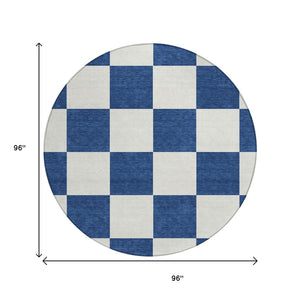 HomeRoots 8' Navy Blue Geometric Round Area Rug – Washable, Stain-Resistant, Indoor/Outdoor, Modern Style 660723