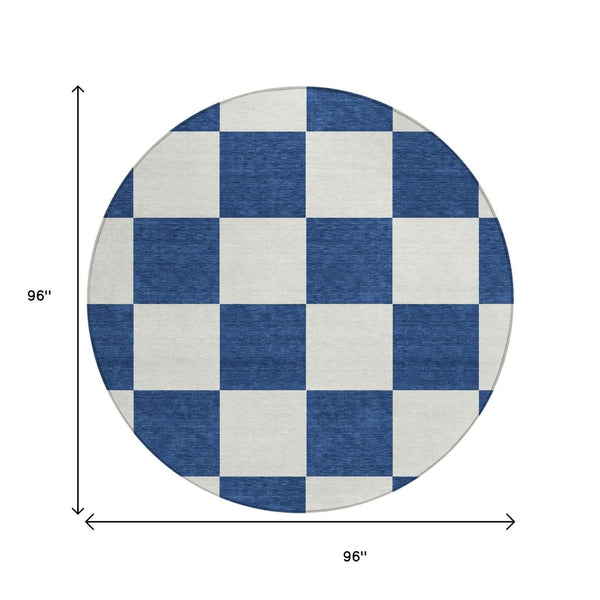 HomeRoots 8' Navy Blue Geometric Round Area Rug – Washable, Stain-Resistant, Indoor/Outdoor, Modern Style 660723