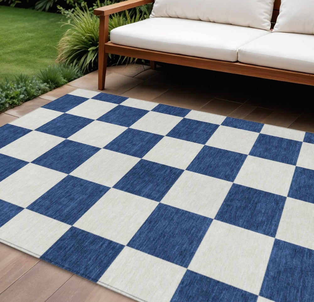 HomeRoots 8' X 10' Navy Blue Geometric Area Rug – Stylish, Washable, Durable for Indoor & Outdoor Living Spaces 660724