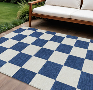 HomeRoots 10' Navy Blue and Ivory Geometric Area Rug - Washable Indoor/Outdoor, Durable, Stylish & Versatile! 660726