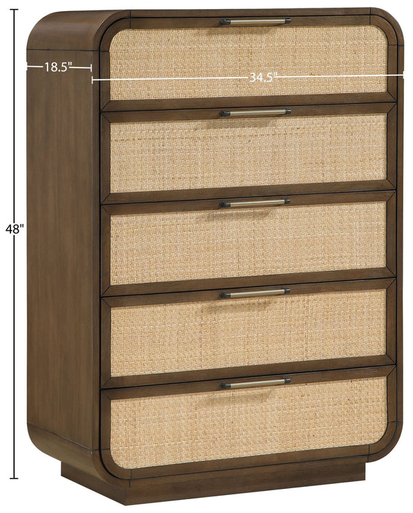 Meridian Furniture Windsor Solid Wood Chest with Cane Drawer Fronts for Mid-century Bedroom or Entryway Storage Brown 66072Brown-CH