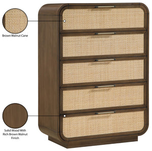 Meridian Furniture Windsor Solid Wood Chest with Cane Drawer Fronts for Mid-century Bedroom or Entryway Storage Brown 66072Brown-CH