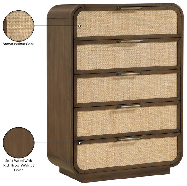 Meridian Furniture Windsor Solid Wood Chest with Cane Drawer Fronts for Mid-century Bedroom or Entryway Storage Brown 66072Brown-CH