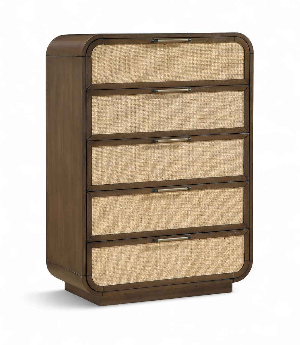 Meridian Furniture Windsor Solid Wood Chest with Cane Drawer Fronts for Mid-century Bedroom or Entryway Storage Brown 66072Brown-CH