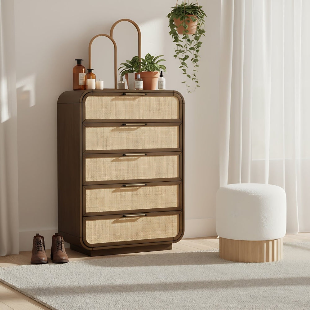 Meridian Furniture Windsor Solid Wood Chest with Cane Drawer Fronts for Mid-century Bedroom or Entryway Storage Brown 66072Brown-CH