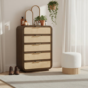 Meridian Furniture Windsor Solid Wood Chest with Cane Drawer Fronts for Mid-century Bedroom or Entryway Storage Brown 66072Brown-CH